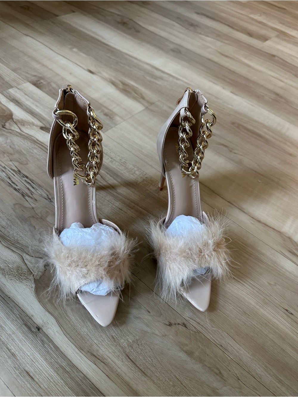 Women's Nude Faux-Fur Chain Ankle Strap Heels